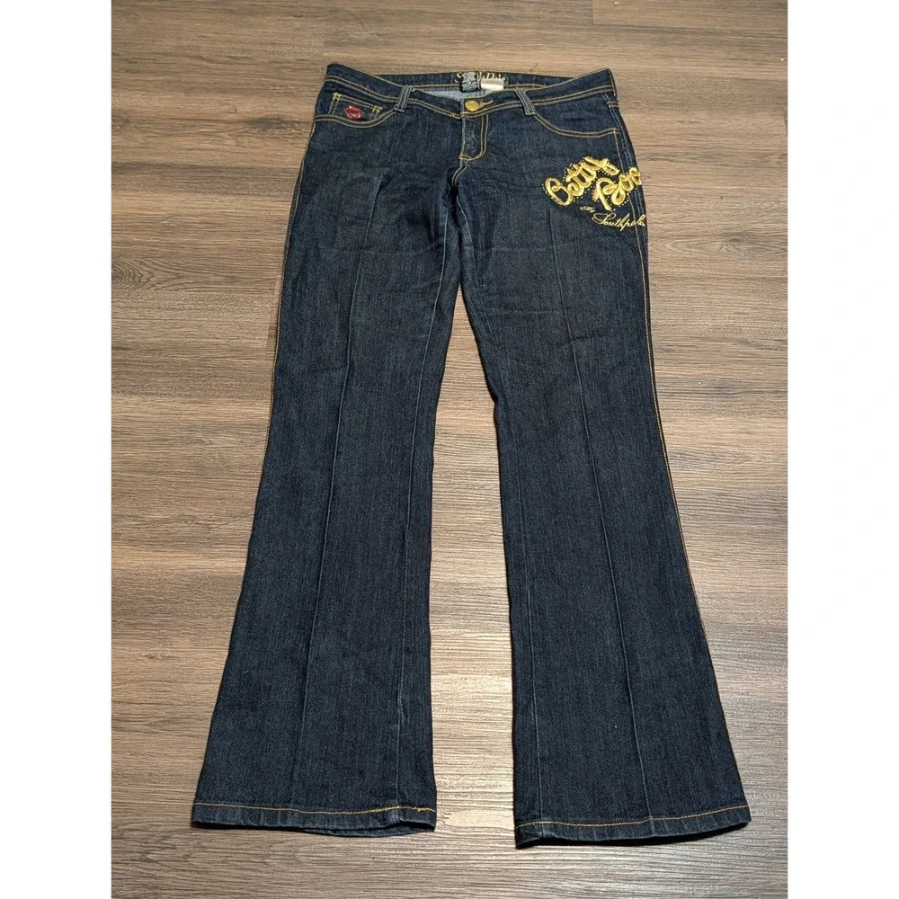 Southpole x Betty Boop Jeans Womens 9 Dark Wash Embroidered Pocket Flare Y2K